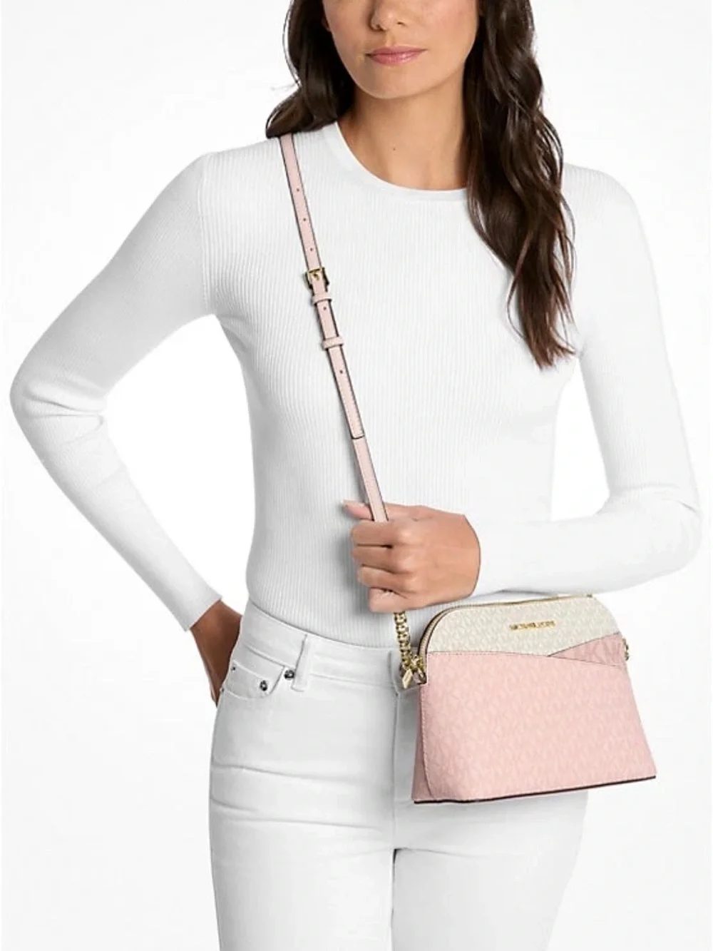 New Michael Kors Jet Set Travel Medium Dome Crossbody Powder Blush Multi